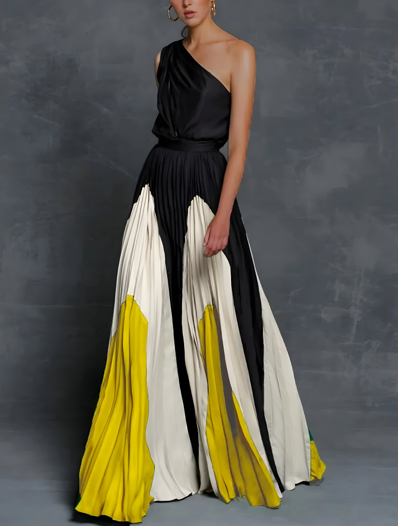Women Formal Evening Asymmetrical Pleated Maxi Dress – Sculpted Elegance – Statement Pleated Design