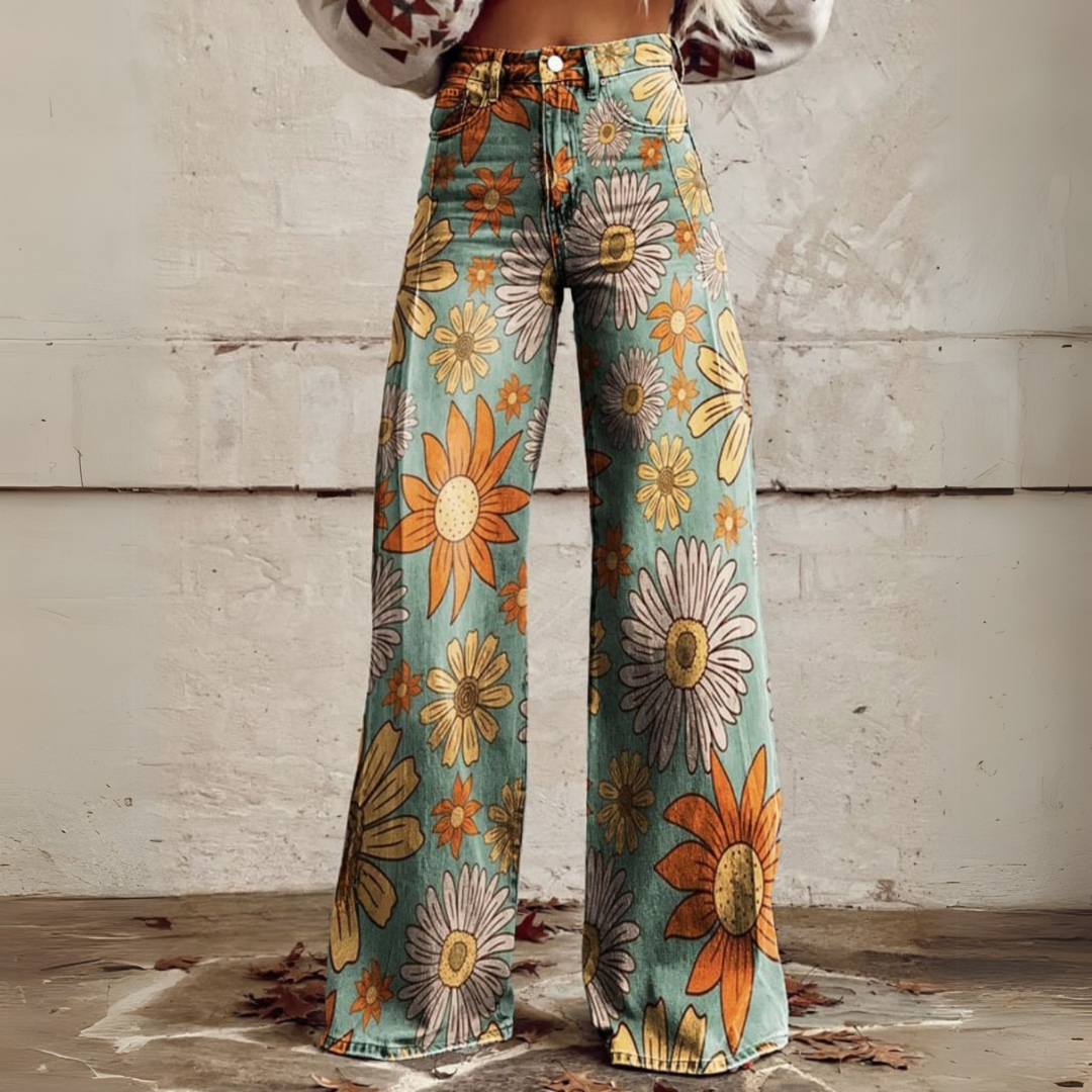 Floral Wide Leg Pants – High Waist – Retro Style