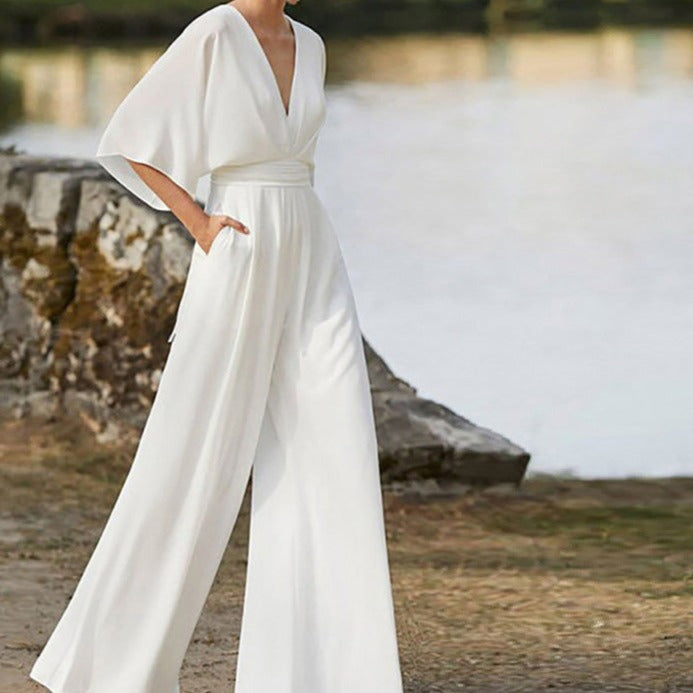 Elegant V-Neck Jumpsuit – Flowing Wide-Leg Style – Premium Chic