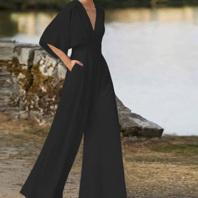 Elegant V-Neck Jumpsuit – Flowing Wide-Leg Style – Premium Chic