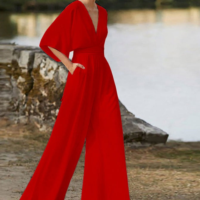 Elegant V-Neck Jumpsuit – Flowing Wide-Leg Style – Premium Chic