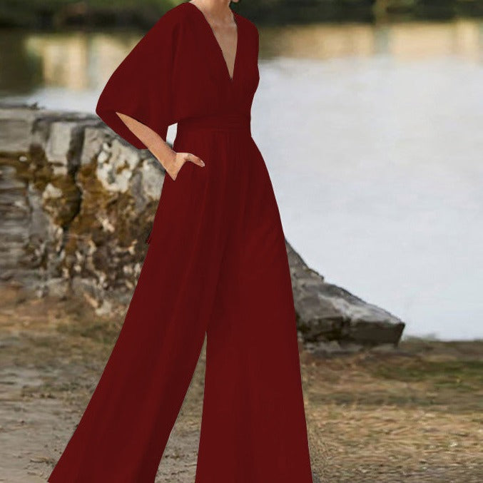 Elegant V-Neck Jumpsuit – Flowing Wide-Leg Style – Premium Chic