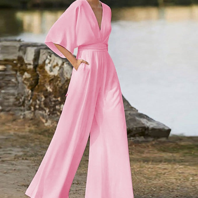 Elegant V-Neck Jumpsuit – Flowing Wide-Leg Style – Premium Chic