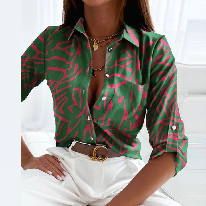 Women’s Printed Button Down Blouse – Elegant Collar – Chic Workwear