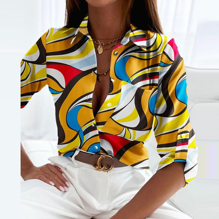 Women’s Printed Button Down Blouse – Elegant Collar – Chic Workwear