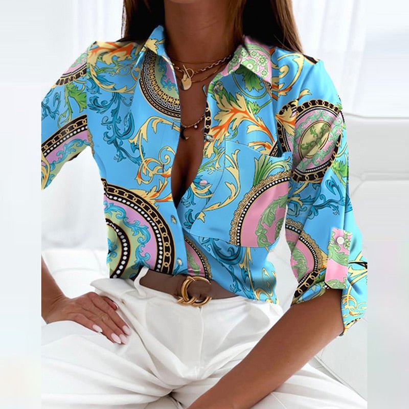 Women’s Printed Button Down Blouse – Elegant Collar – Chic Workwear