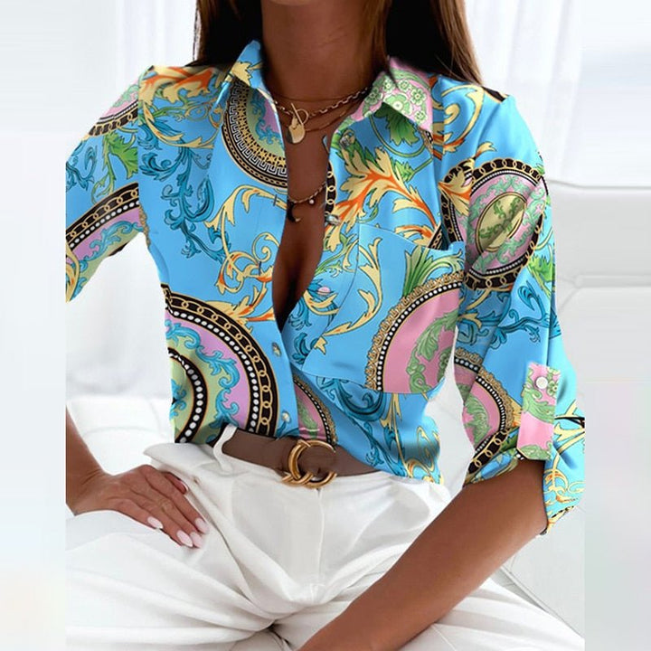 Women’s Printed Button Down Blouse – Elegant Collar – Chic Workwear